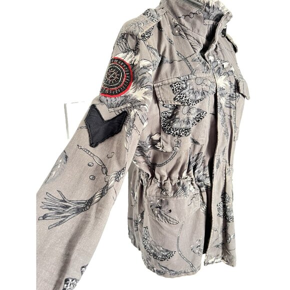 Guess Los Angeles Jacket Sz M Beaded Details Star Feather Print Drawstring Waist - Picture 2 of 16